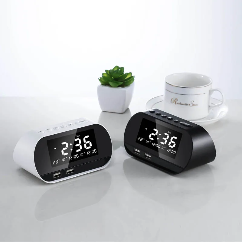 

LED Digital Dual Alarm Mirror Clock Wireless bluetooth Bass Speaker FM Radio+2 USB Charger Ports Music Player Snooze Temperature