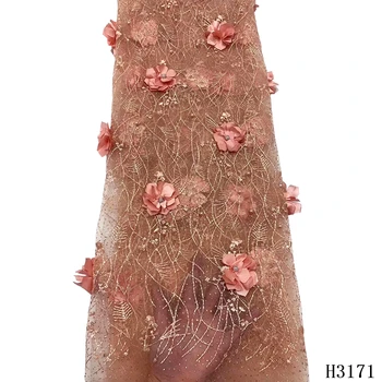 

2020 African 3d flower lace fabric high quality French lace fabric with beads 5 yards Nigerian tulle net lace fabric mesh HJ3171