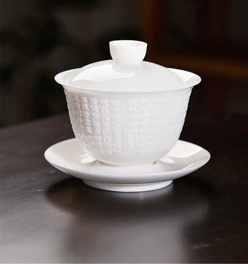 Белый фарфор, сердце, сутра, Gaiwan, натуральная керамика, винтажная чайная супница с крышкой, блюдце, набор, посуда для напитков, чайная посуда, украшение