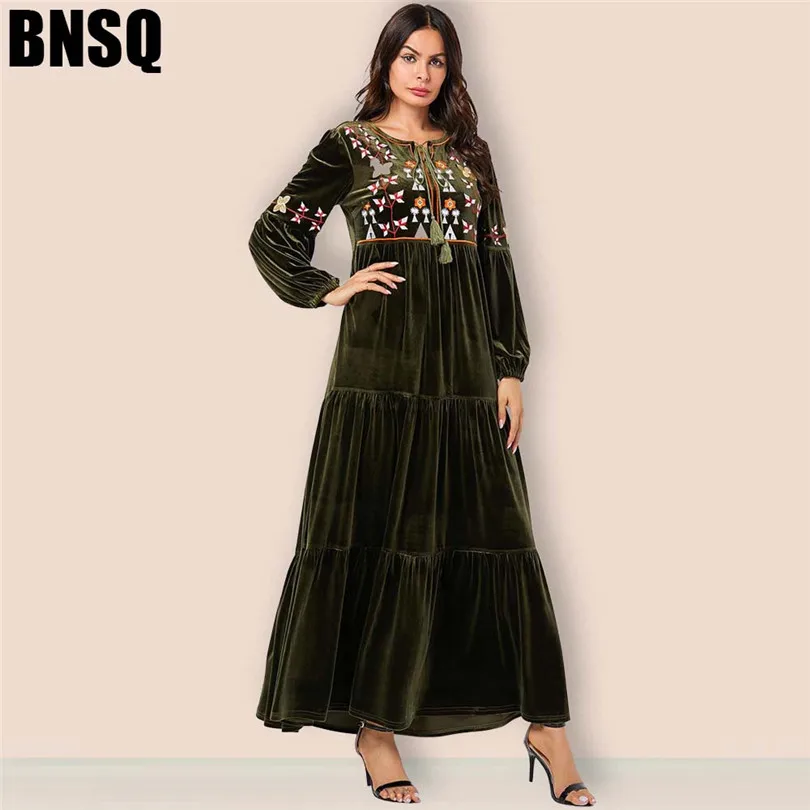 Арабское женское зеленое платье большого размера с длинными рукавами и вышивкой растений, повседневное платье, Золотая Бархатная длинная юбка, мусульманское платье из Дубая