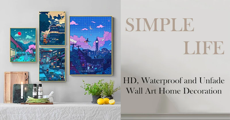 Canvas Wall Art Cartoon View Street Prints Poster Home Decoration Night Tree Manga Cute Painting For Bedroom Modular Pictures