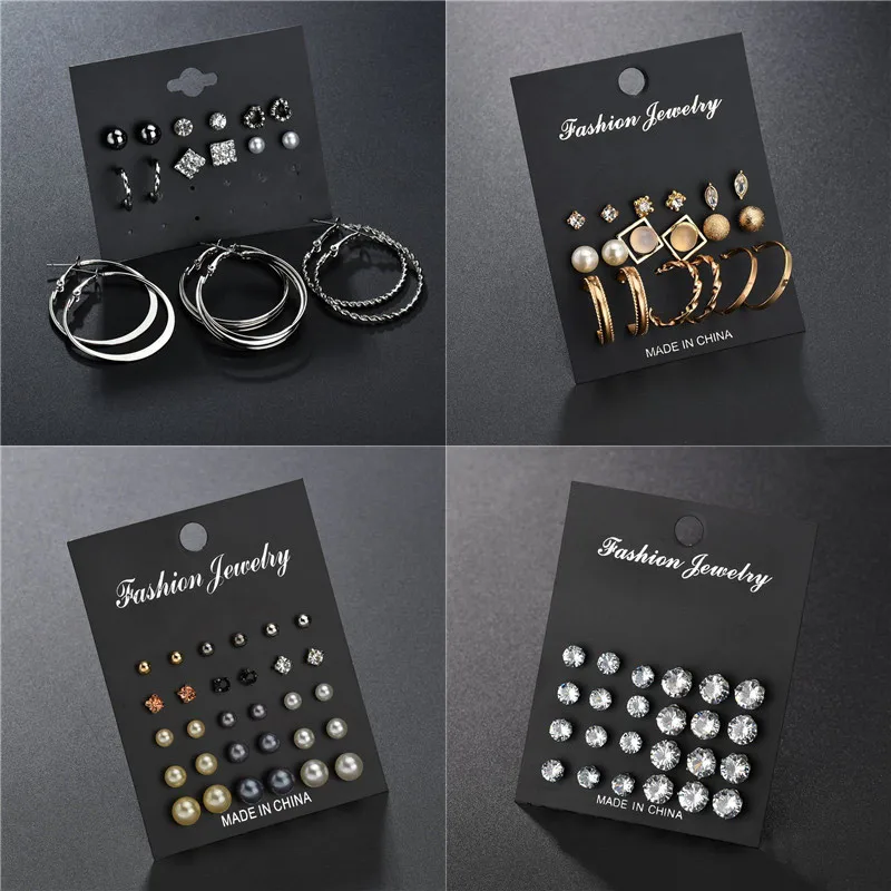 WUKALO Heart Flowers Vintage gold Stud Earrings Set New Fashion Rhinestone imitation Pearl for Women Gift | Украшения и