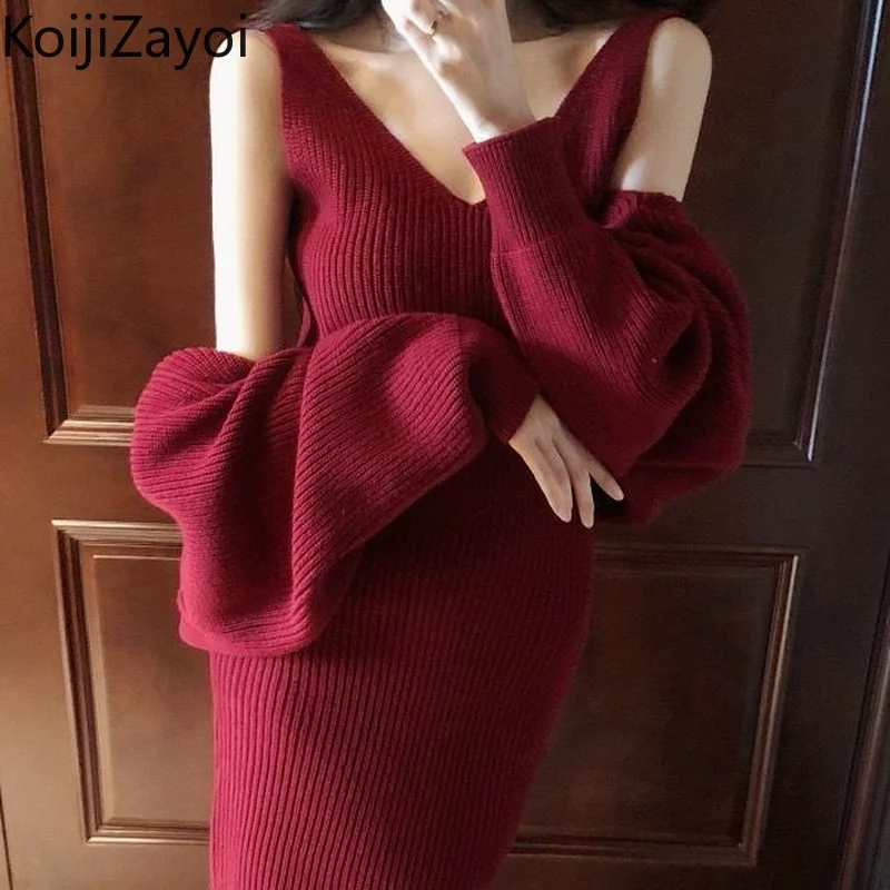 

Koijizayoi Sexy Women Two Pieces Set Solid Fashion Office Lady Bodyon Maxi Dress Loose Shawl Cardigan Chic Suit Stretchy Outfits