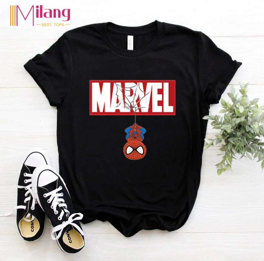 Женские черные футболки Marvel с человеком-пауком, футболки с короткими рукавами для девочек, женская летняя брендовая одежда, топы для девочек