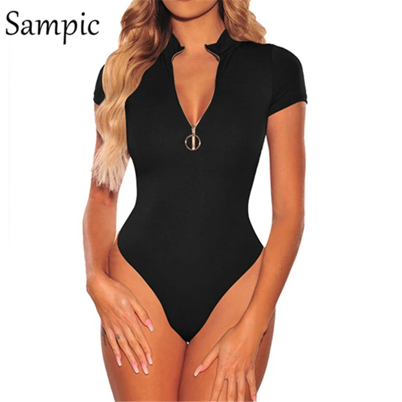 Sampic summer zipper sexy women turtleneck bodysuit tops black white casual short sleeve bodysuit short bodycon rompers jumpsuit Sampic summer zipper sexy women turtleneck bodysuit tops black white casual short sleeve bodysuit short bodycon rompers jumpsuit