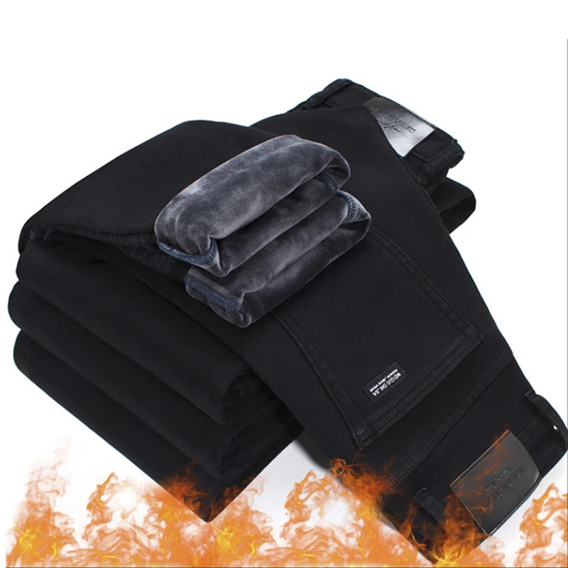 Comprare 2019 di Modo Degli Uomini di Inverno Dei Jeans Degli Uomini di Nero Slim Fit Stretch Pantaloni di Velluto di Spessore Dei Jeans Caldi casual Pantaloni In Pile Maschile Più formato