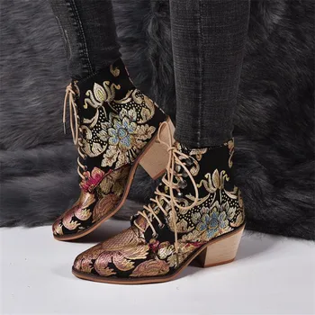 

Stylish Women Chelsea Boots Embroider Ethnic Winter Ankle Boot Lace Up Pointed Toe High Heel Shoes Warm Cowboy Botas Mujer Retro