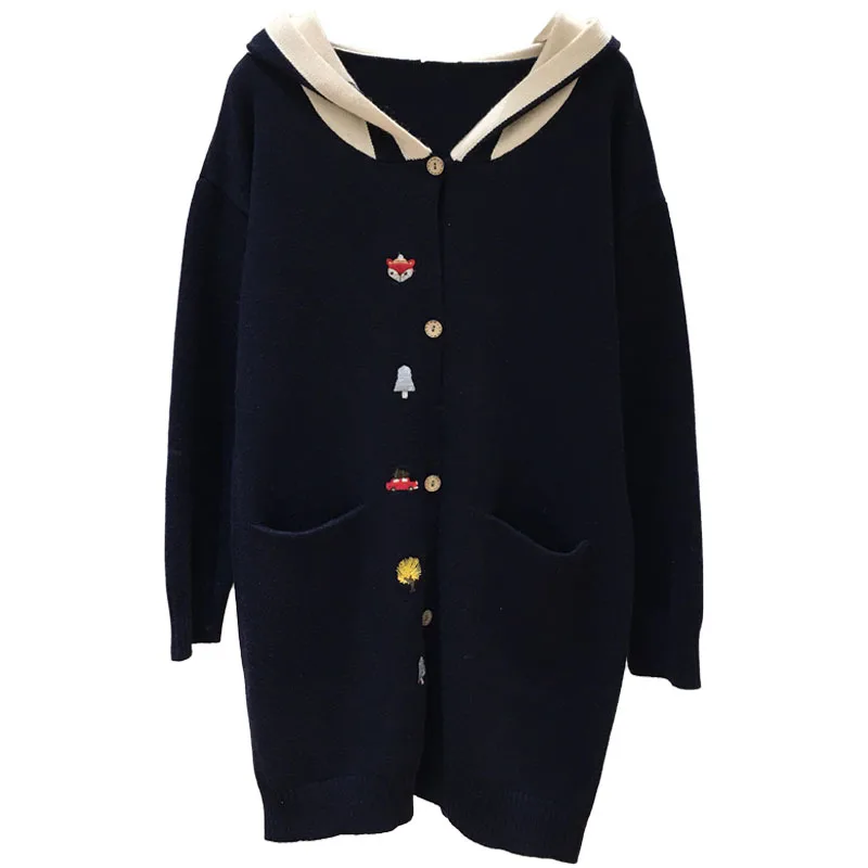 Японский Kawaii вышивка длинный кардиган для женщин трикотаж одежда свободные милый мультфильм Femme вязаный свитер зимнее пальто с капюшоном - Цвет: Have button navy