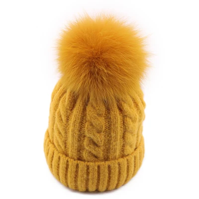 Зимняя женская вязаная шапка Skullies Женская бини шапки с настоящим помпон из лисьего меха роскошный Gorro; теплый лыжный головной убор для девочек ярких цветов - Цвет: Yellow - Fox Fur
