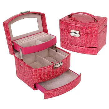 

Newly 3 Layers Jewelry Box With Drawers Necklace Jewelry Case With Lock And Key Makeup Mirror PU Leather New
