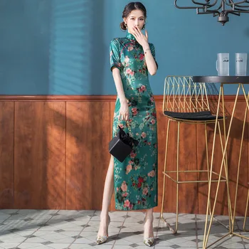 

Big Size 3XL 4XL Autumn New Arrival Vintage Short Sleeve Cheongsam Sexy Women Formal Long Dress Print Flower Rayon Qipao