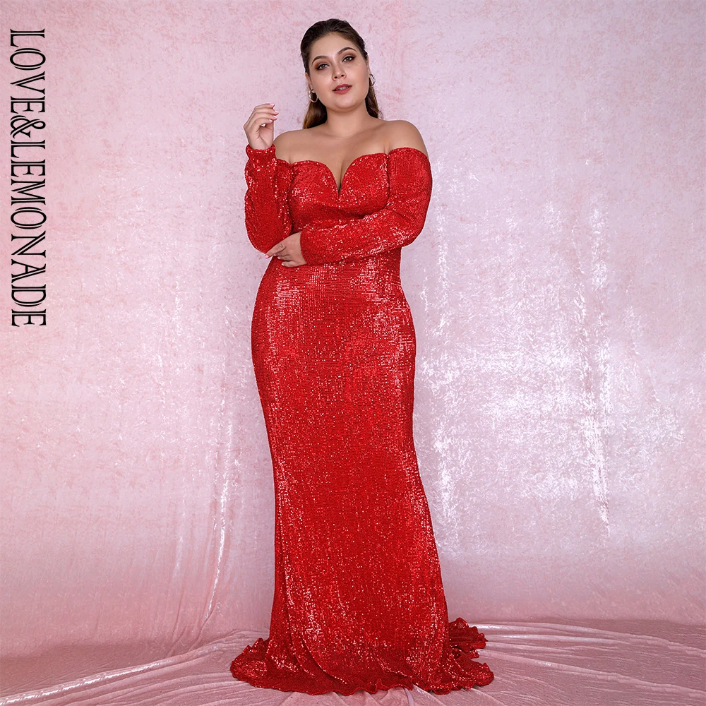 LOVE& LEMONADE размера плюс сексуальное красное с глубоким v-образным вырезом с открытыми плечами облегающее эластичное платье макси с блестками LM80273PLUS осень/зима