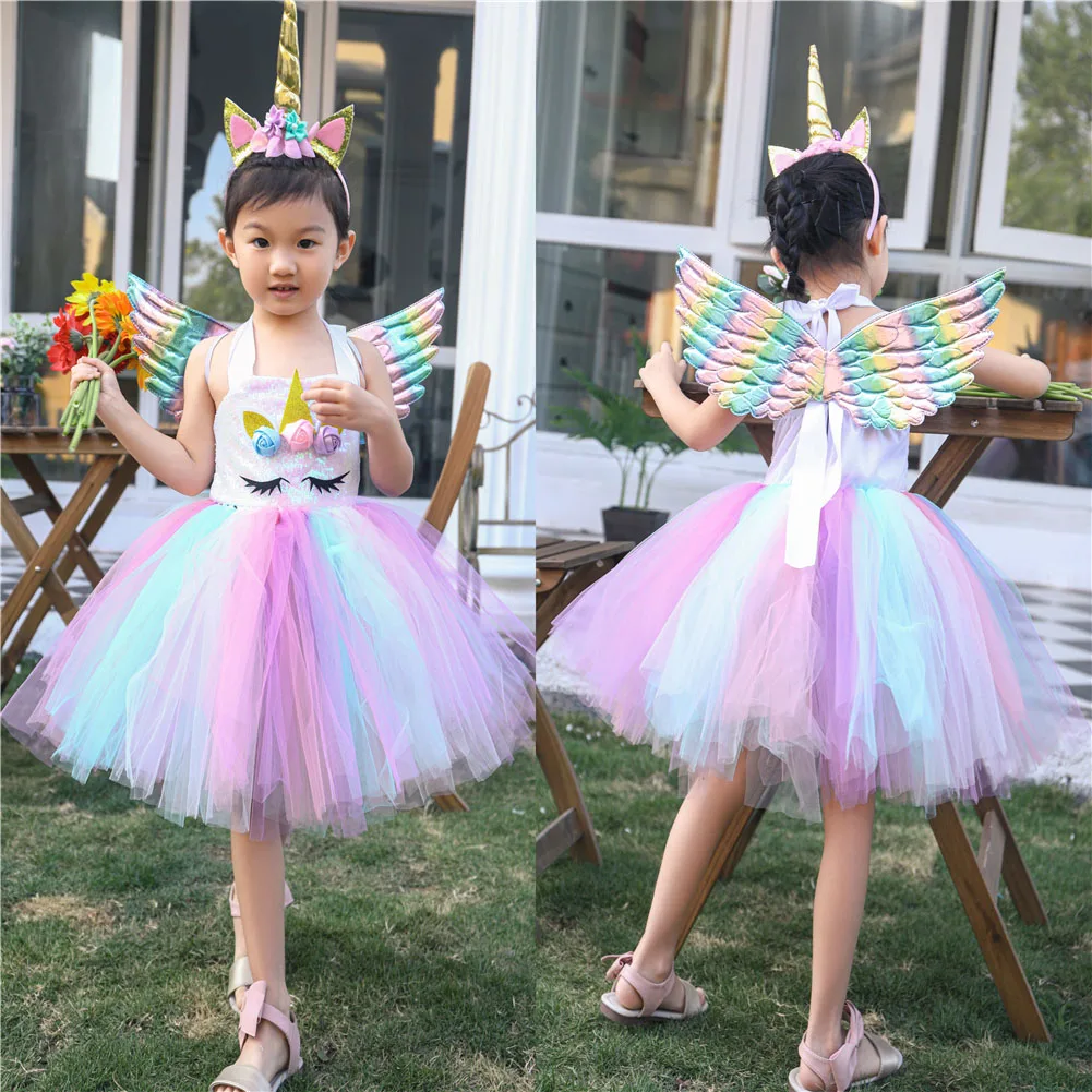 Girls Unicorn Birthday Tutu Sequin Pastel Dress With Headband Wing