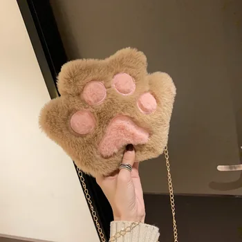 Cute Bear Paw Girls Chain Zipper Shoulder Bag Lovely Children's Soft Plush Coin Purse Baby Boys Accessories Small Crossbody Bags 6