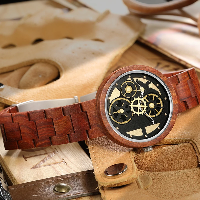 Creative Men's Quartz Movement Wooden Watch Gear Dial Design Features Hands Wooden Strap Business Fashion Gifts for Men 2021 New