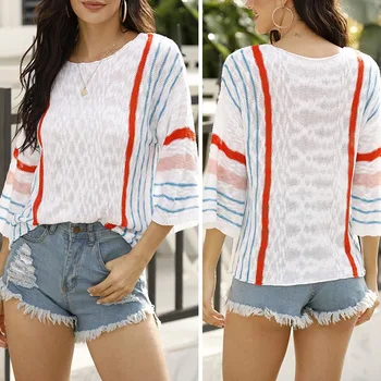 

Women's 3/4 Trumpet Sleeve Pullover Sweaters Minimalist Casual Vertical Stripe Colorblock Knit Sweaters White