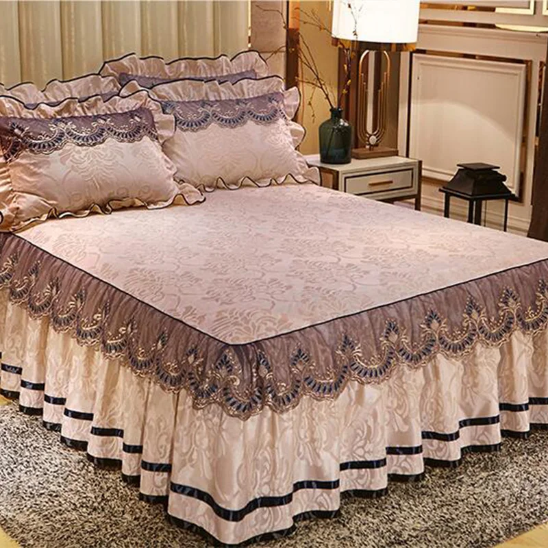 

3pcs skirted bed cover solid color bedspreads velvet lace edging bed mattress cover multi-color European style free shipping