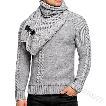 

2019 Autumn New Pullover Man 's Sweater Fashion Buckle Detachable Scarf Men Long Sleeve Warm Pullover Sweater