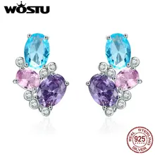 WOSTU 925 пробы серебряные разноцветные Кристальные серьги-гвоздики с узорами мороза маленькие серьги для женщин Роскошные ювелирные изделия CQE579