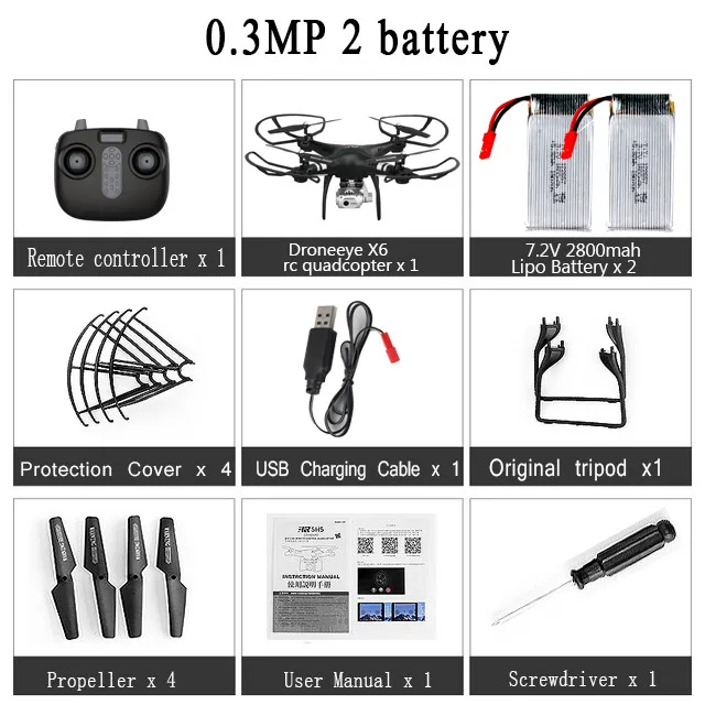 Black 0.3MP 2Battery Droneeye X6 новейший Радиоуправляемый Дрон Квадрокоптер с 1080P Wifi FPV Вертолет камеры 20 мин Летающий Профессиональный Дрон - Цвет: Black 0.3MP 2Battery