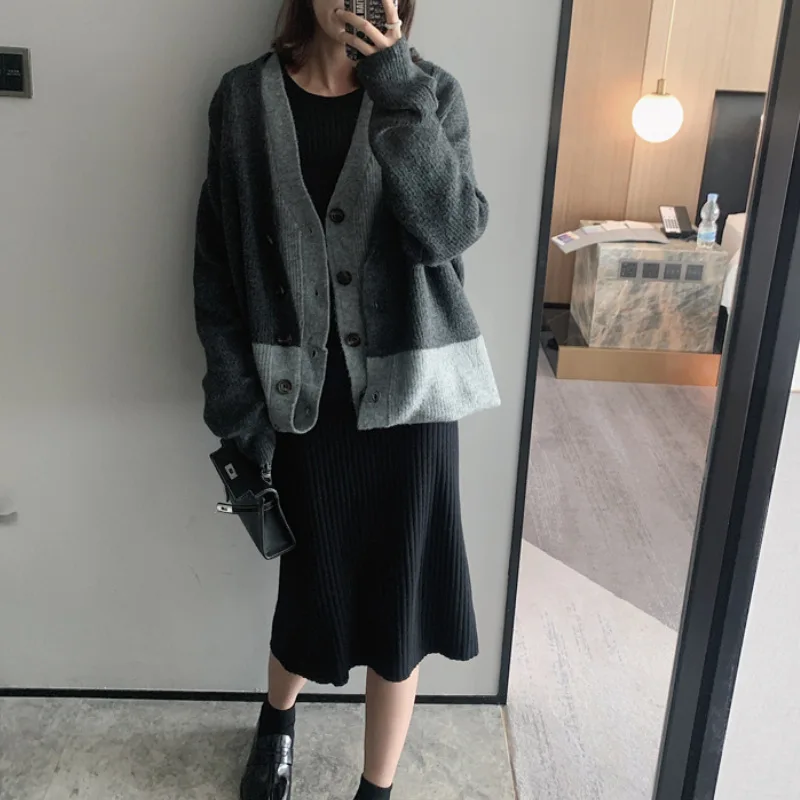 

2019 New Fall Lazy Wind Sweater Women's Fashion Open Shoulder Wear Grey Loose Knitted Cardiganter Sweater Women