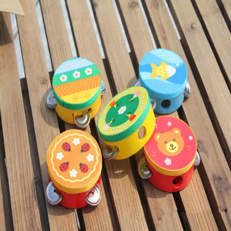 Children Music Drum Handbells Baby Toy Educational Cartoon Bear Musical Drum Beat Instrument Hand Sound Drum Baby Wooden Bells - Цвет: 1pc random