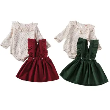 

Infant Baby Girls Kid Ruffles Dotted Romper Bodysuit Strap Solid Skirt Dress Outfit Autumn 2Pcs Long Sleeve Casual Clothes Sets