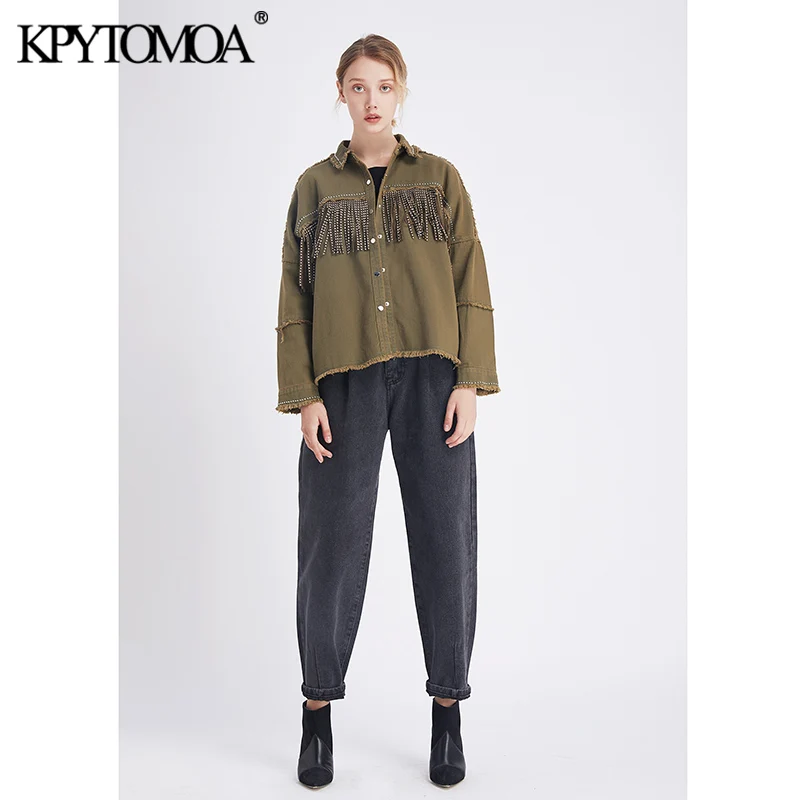 Finest  Vintage Stylish Fringe Beaded Loose Denim Jacket Coat Women 2020 Fashion Long Sleeve Frayed Trim La