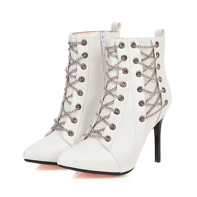 Lucyever/женские ботильоны из искусственной кожи модные ботинки в стиле панк с острым носком на тонком высоком каблуке и цепочкой обувь на шпильке; большие размеры 30-50; zapatos mujer