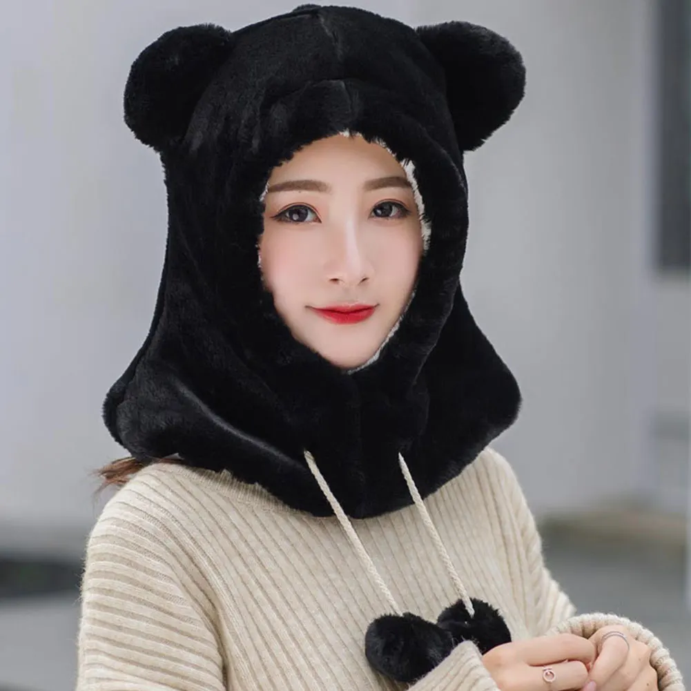 

Fashion Accessories Winter Warm Earflap Hood Full-Cover Face Mask Cute Pompom Scarf Hat