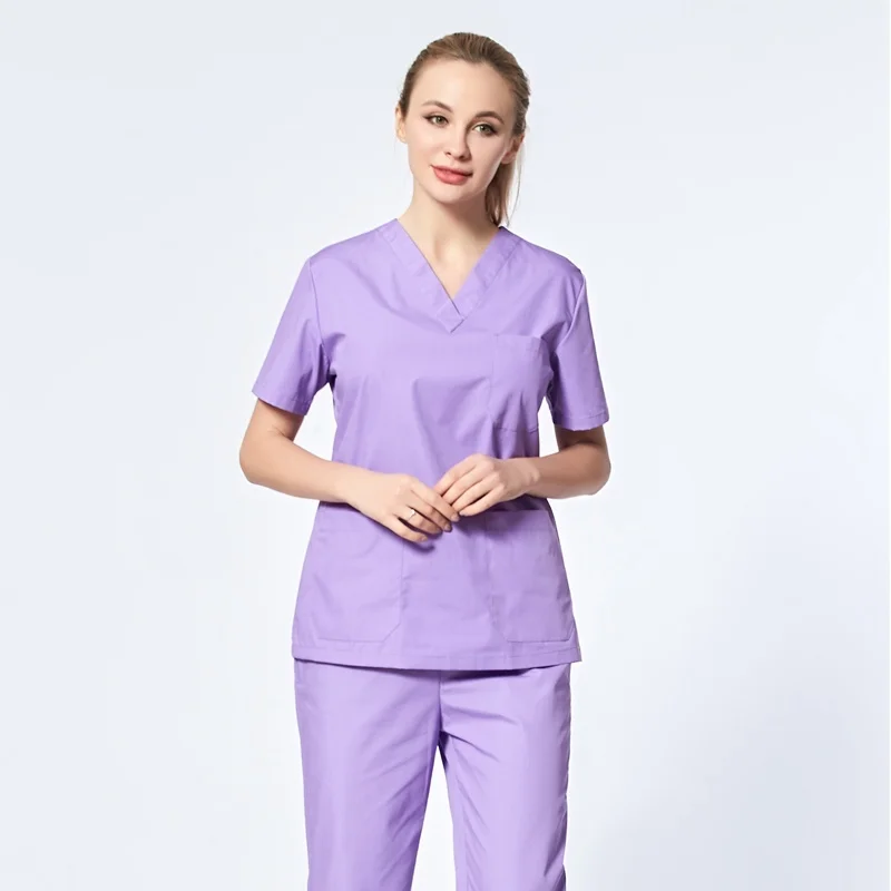 light purple set Женская мода Скраб Набор Уход скрабы v-образным вырезом топ с боковой вентиляцией и эластичной талией брюки медицинская форма хлопок хирургии - Цвет: light purple set