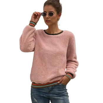 

New Arrival Striped Patchwork Flannel Long Sleeve O Neck Sweatshirt 2019 Autumn Winter Women Casual Loose Elegant Pullovers Top