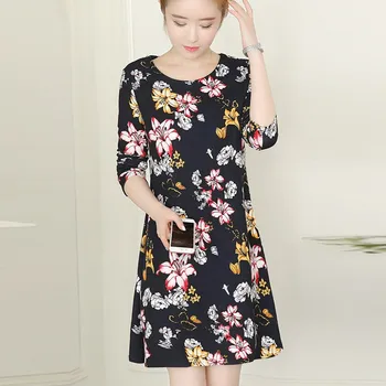 

Plus Size Women Fashion Printing Lady Elegant O-neck Long Sleeve Elastic Dress Sundress Clothes 2020 Платья Женские