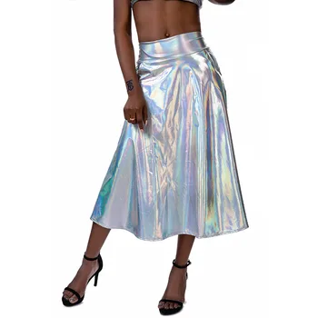 

2019 Women Shiny Holographic Midi Skirt High Waist A-Link Laser Metallic Long Skirts Summer Party Night Club Festival Outfits