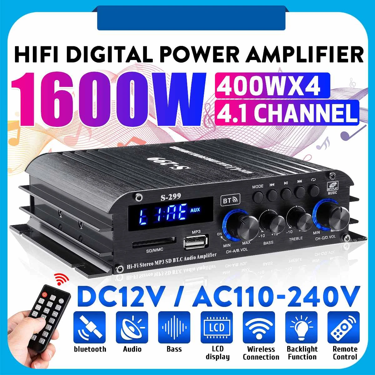 4*400W 4.1Channel Mini Hi-Fi Digital bluetooth Wireless Power Amplifier Car Home Audio Stereo Speakers Bass Amplifier USB/SD AUX bluetooth amplifier