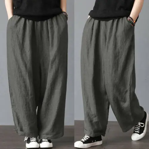 

Meihuida Unisex Men Women Elastic Waist Soft Cotton Linen Wide Leg Loose Long Pants Casual Trousers Plus Size
