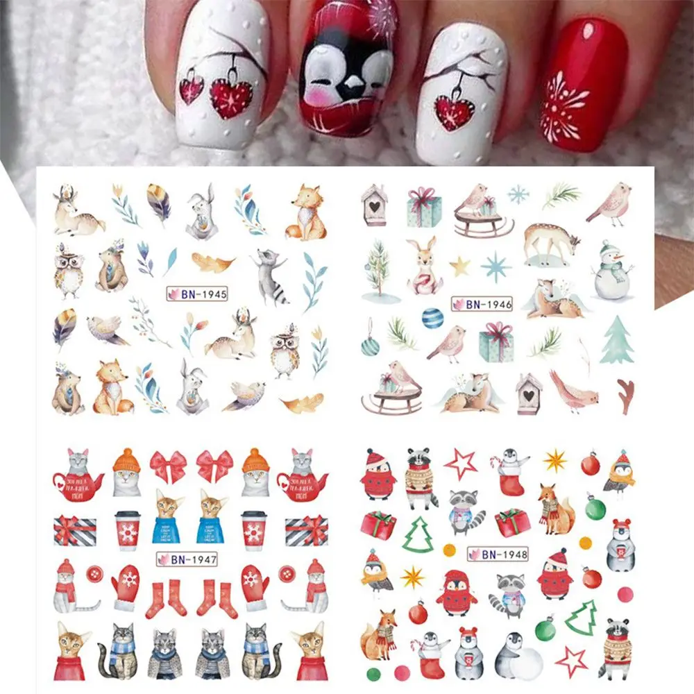 12pcs Water Transfer Animals Christmas Decals Penguin Cute Cartoon Nail Stickers Fox Sliders | Красота и здоровье