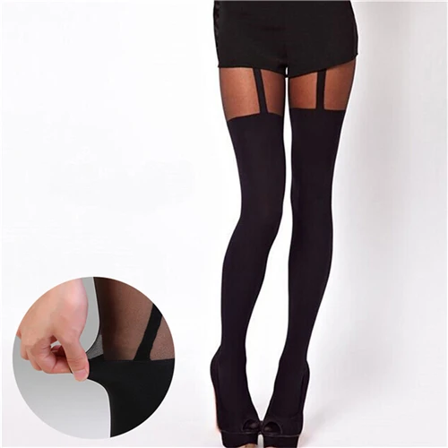 Women Black Fake garter thigh net Sexy Mock Suspender Pantyhose Tights  Stockings