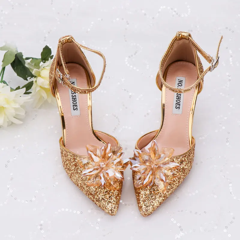 gold heels with flowers