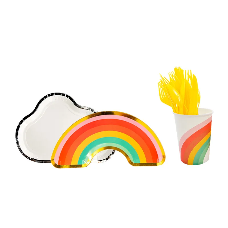 

Rainbow Clouds Paper Plate Cup Spoon Napkin Set Party Desktop Dress Up Supplies for 8 People 16 People DEC544