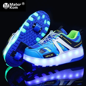 

Size 28-40 Children Led Light Up Shoes Boys USB Charging Luminous Sneakers with Double Wheels Girls Glowing Roller Double Shoes