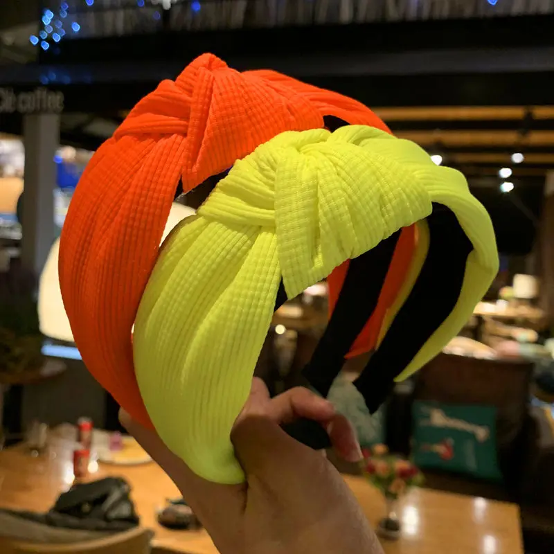 

Women Girl Fluorescent Solid Color Headband Handmade Twist Bowknot Wide Hair Hoop Cross Hair bands Bright Headwear