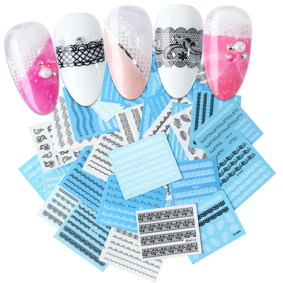 

40pc Black White Flowers Stickers For Nails Lace Nail Art Decoration Wraps Water Decal Slider Polish Manicure Set Tips BENC180-1