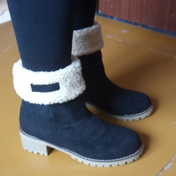 

2020 Women Winter Snow Warm Boots 5cm High Heels Sheep Fur Felt Russia Jeans Boots Square Low Heels Plush Ankle Booties Shoes