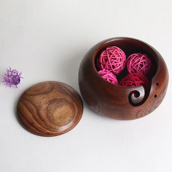 

Wooden Yarn Bowl for Knitting Yarn Thread Vintage Round Storage Box Container for Jewelry Ring with Cover Non Slip Needlework