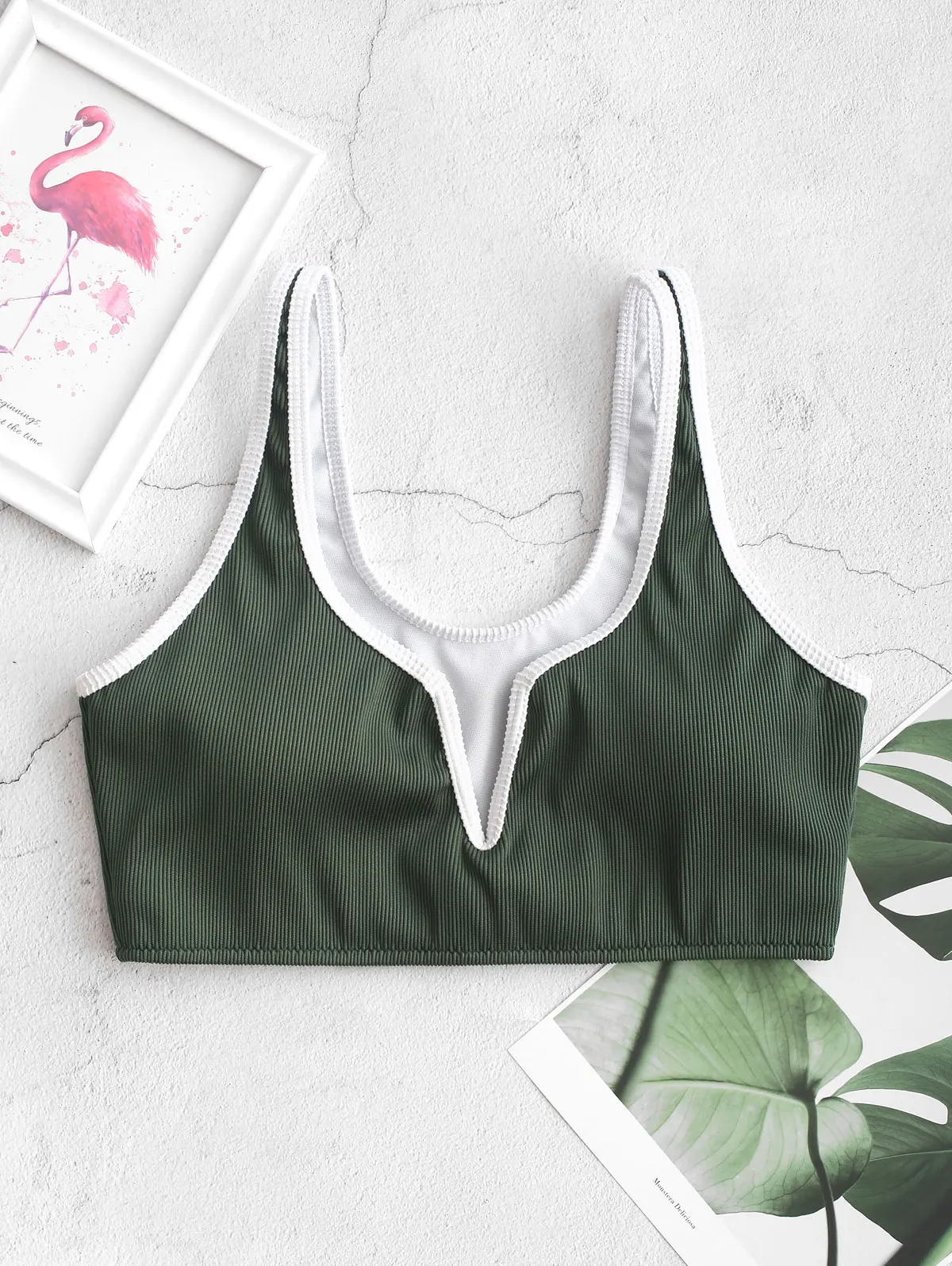 ZAFUL текстурированный ребристый v-образный вырез обрезанный Бикини Топ сплошной цвет