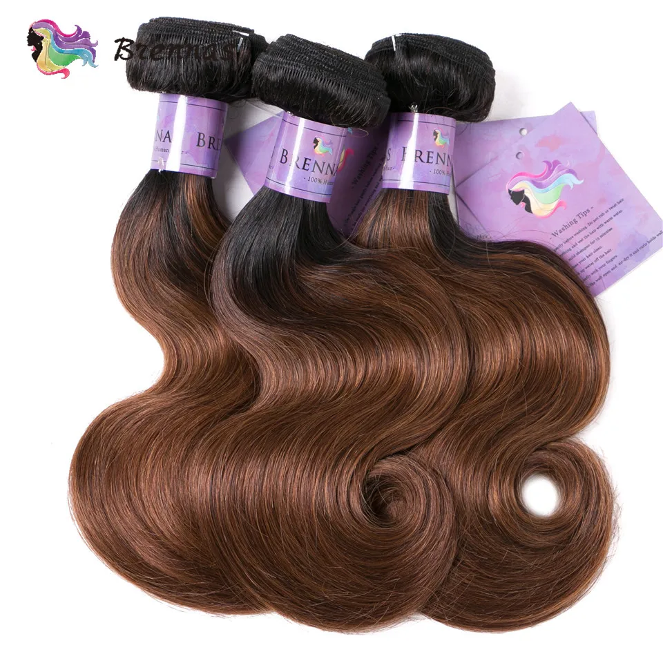 Brennas Body Wave Ombre Hair 3 Bundles Human Hair Bundles With Closure 1b/30 Brazilian 8-26'' Remy Hair Extensions Middle Ratio