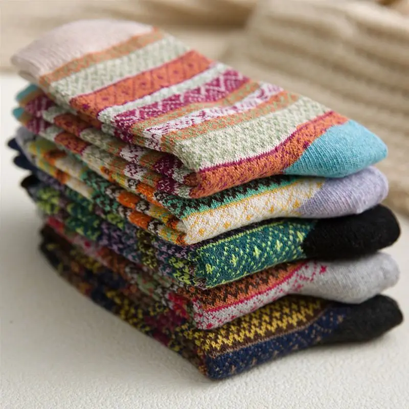 THINKTHENDO 5 Pair Warm Winter National Thick Stripe Knitted Wool Socks Geometry Unisex Sock