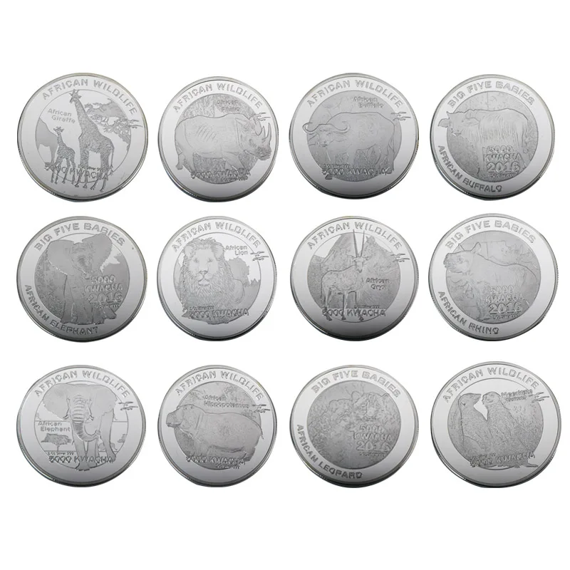 African Wild Protected Animals Sliver Commemorative Coins Zambia Kwacha Souvenir Elephant Lion Buffalo Challenge Coin Gift | Дом и сад