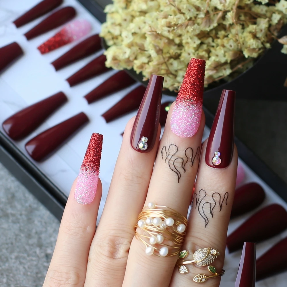 Luxury Confin Burgundy False Nails 28pcs Press On Nails Red Ombre Glitter Winter Fake Nails Bling Rhinestone Aliexpress Beauty Health